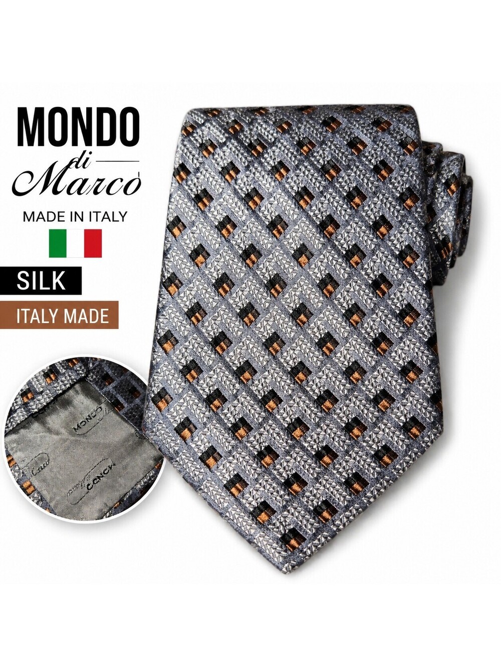 Mondo di Marco Silk Tie Gray Geometric Pattern Made in Italy Mens Designer...